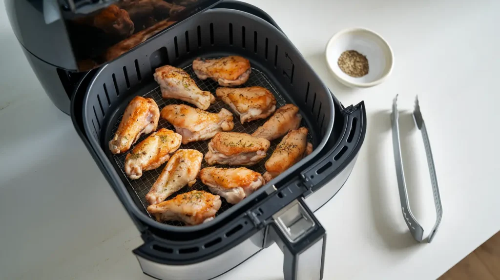 Frozen chicken wings seasoned and prepared in an air fryer basket.