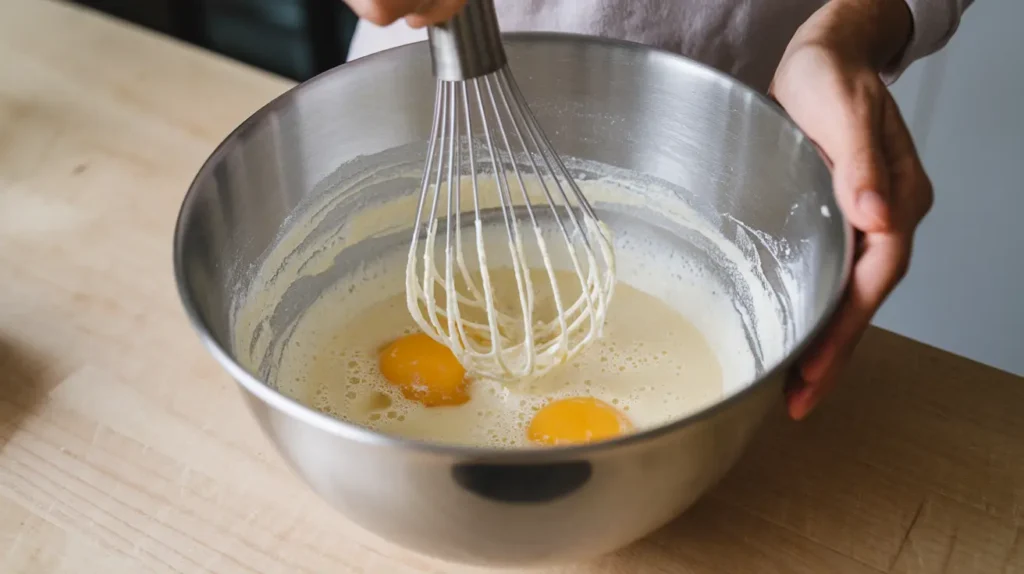 ancake batter being whisked in a mixing bowl with ingredients on a wooden counter.