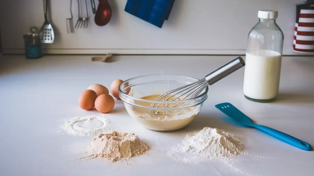 Mixing bowl with pancake batter and ingredients on a kitchen counter