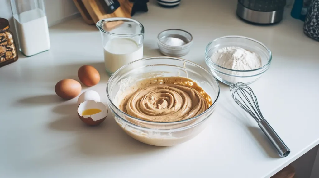 Pancake batter in a mixing bowl with fresh ingredients on a kitchen counter