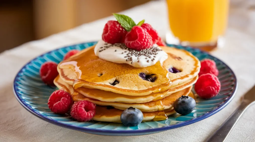 Protein pancakes topped with Greek yogurt, raspberries, chia seeds, and honey, served on a light-colored table.