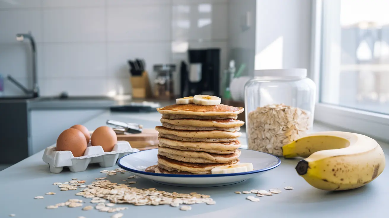 A plated stack of protein pancakes surrounded by fresh ingredients like oats, eggs, and bananas in a modern kitchen setting.