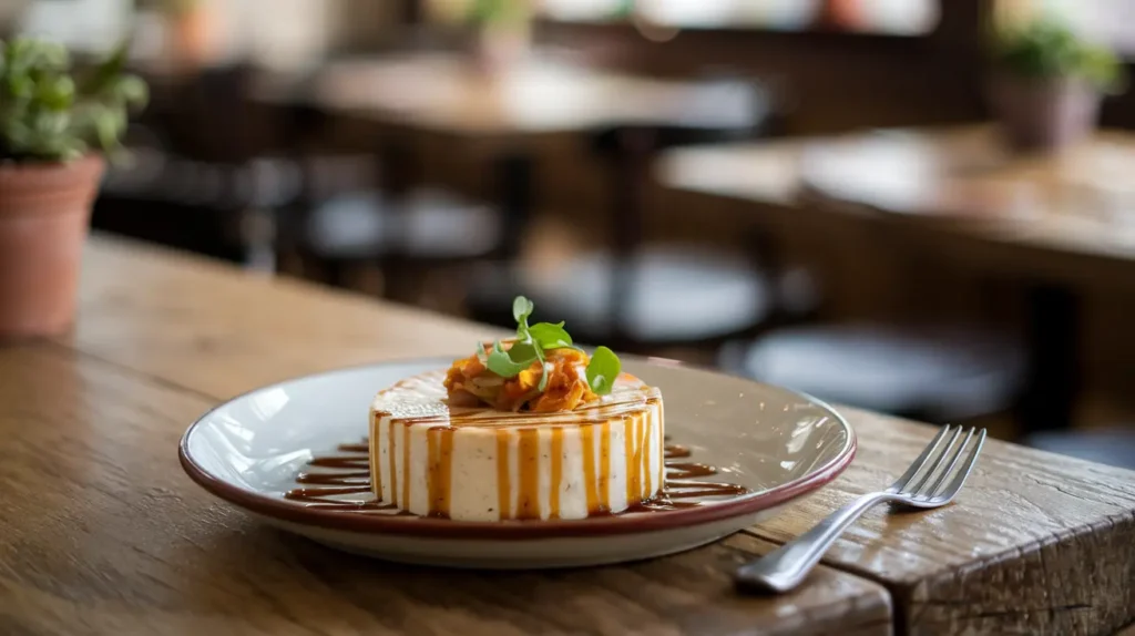 Plated quesillo with caramel sauce on a rustic wooden table.