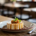 Plated quesillo with caramel sauce on a rustic wooden table.