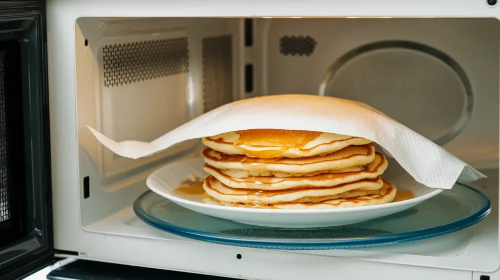 Premier Protein pancakes on a plate being reheated in a microwave covered with a damp paper towel.