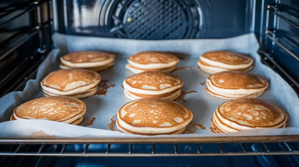 A tray of Premier Protein pancakes in a preheated oven, lined with parchment paper for even reheating.