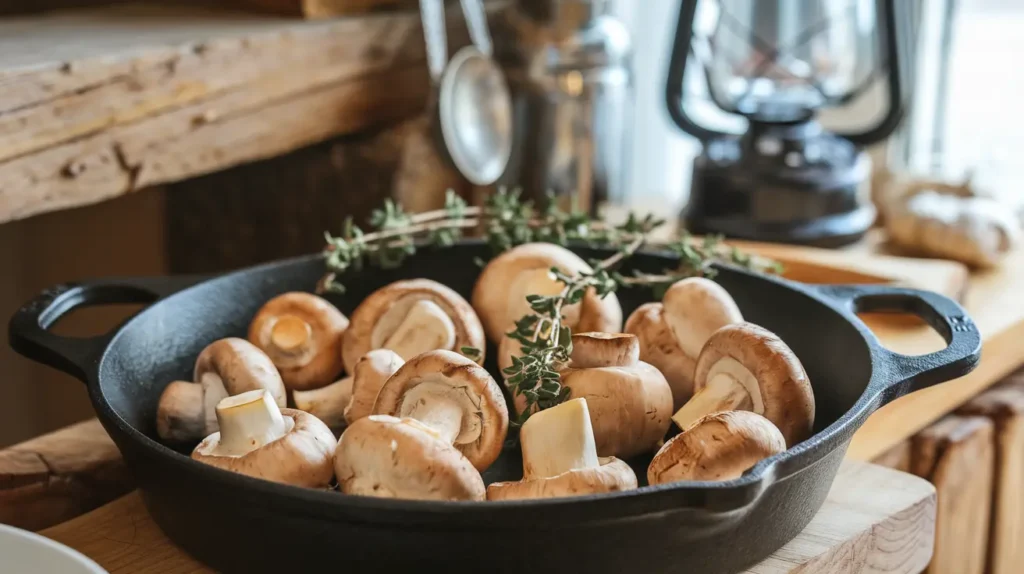 Sautéed cremini mushrooms with garlic and thyme in a cast iron skillet.