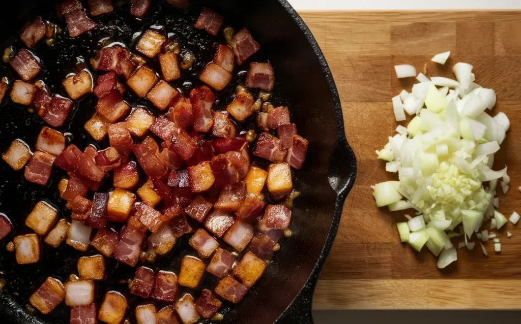 Diced bacon cooking in a cast-iron skillet for a homemade baked beans recipe.