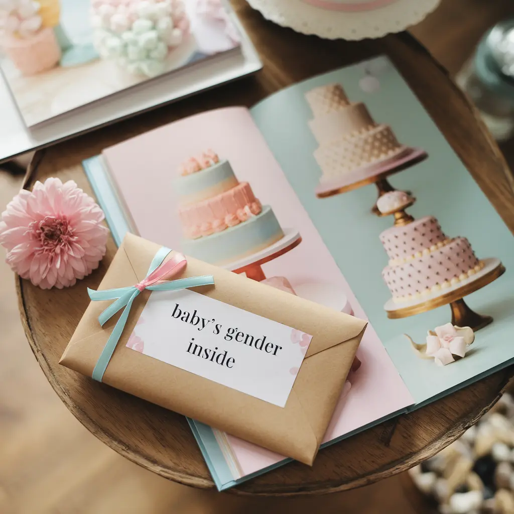 A sealed envelope labeled "Baby’s Gender Inside" beside a cake design book.