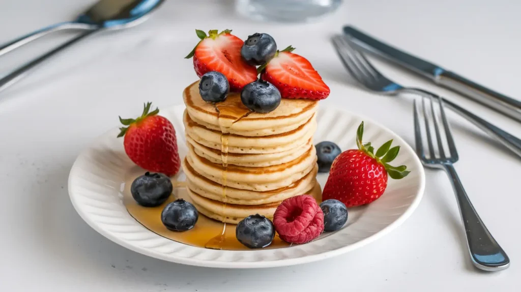 Mini pancakes topped with fresh strawberries, blueberries, and syrup