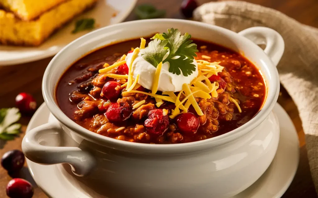 Turkey Cranberry Chili served in a bowl with sour cream, cheese, and cilantro, accompanied by cornbread.