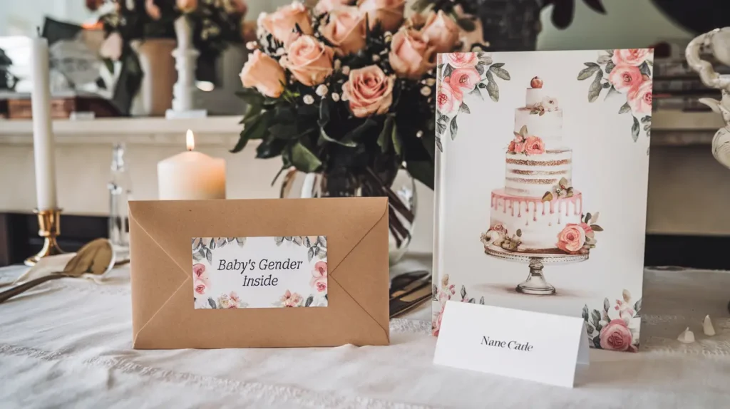 A sealed envelope labeled "Baby’s Gender Inside" beside a cake design book.