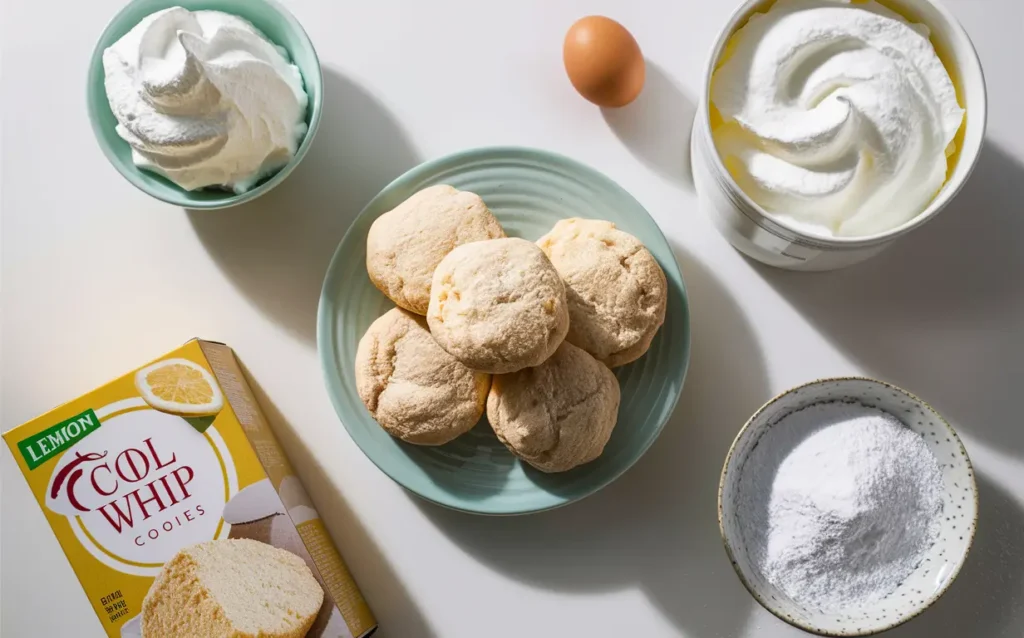 Ingredients for Cool Whip Cookies: cake mix, Cool Whip, egg, and powdered sugar.