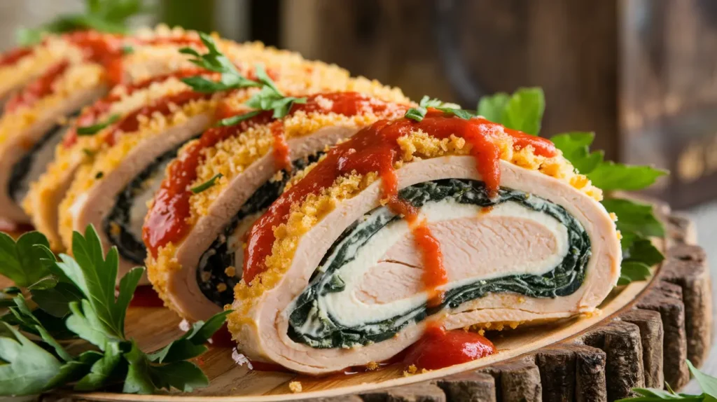 Sliced chicken rollatini revealing creamy ricotta and spinach filling, topped with marinara sauce and parsley.