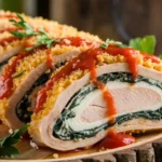 Sliced chicken rollatini revealing creamy ricotta and spinach filling, topped with marinara sauce and parsley.