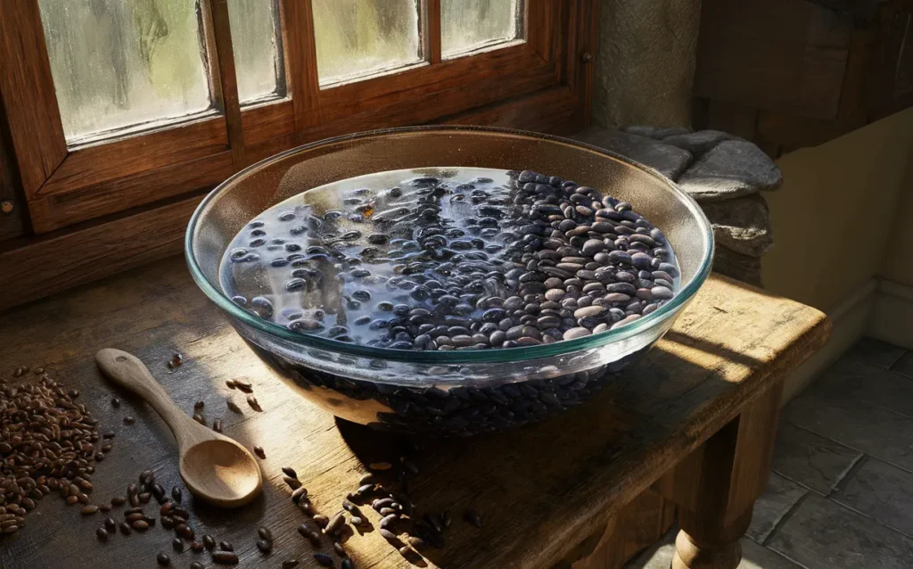 Navy beans soaking in a bowl of water, preparing for a baked beans recipe