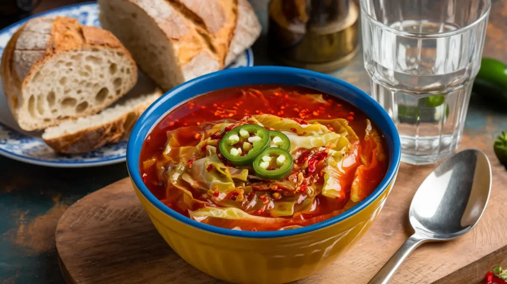 A spicy cabbage soup with red pepper flakes, green cabbage, and jalapeños in a rich red broth, served with crusty bread.