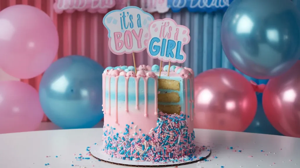 A pastel gender reveal cake with sprinkles spilling out in blue and pink.