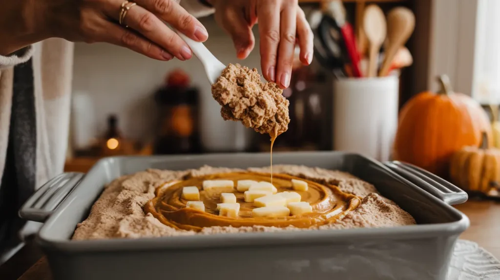  Hands assembling pumpkin dump cake by layering cake mix and butter.