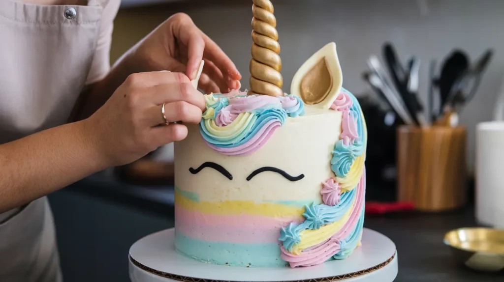 A baker assembling a unicorn cake with colorful frosting layers and fondant decorations.