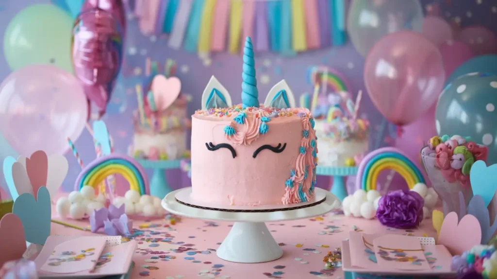 A beautifully decorated unicorn cake as the centerpiece of a birthday table.