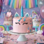 A beautifully decorated unicorn cake as the centerpiece of a birthday table.