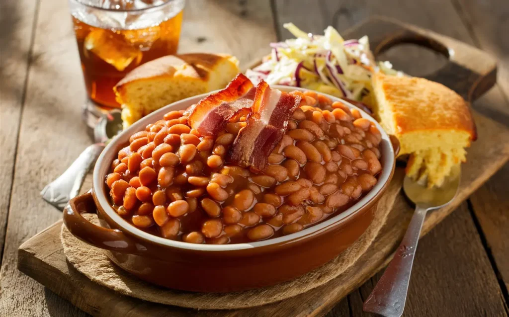 Homemade baked beans in a rustic dish, served with cornbread and coleslaw