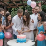 A couple cutting into a gender reveal cake at an outdoor party surrounded by excited guests.