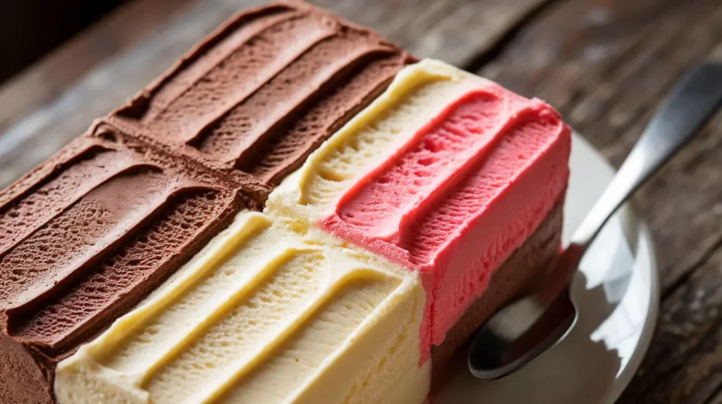 Close-up of Neapolitan ice cream with chocolate, vanilla, and strawberry layers on a white plate.