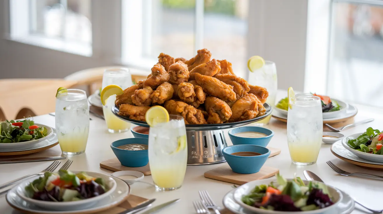 A platter of crispy chicken wings surrounded by dipping sauces and salads on a dining table.