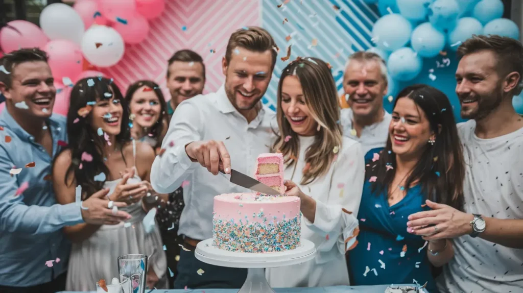 A couple cutting into a gender reveal cake while surrounded by guests at a party.