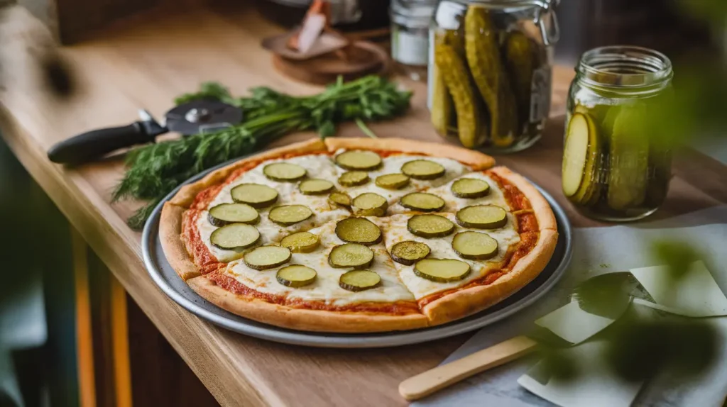 Flat-lay of a freshly baked pickle pie pizza with a golden crust, garlic sauce, mozzarella, and dill pickles on a rustic table