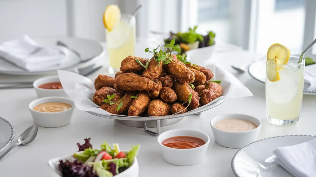 A platter of crispy fried chicken wings garnished with herbs, served with sides and sauces.