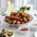 A platter of crispy fried chicken wings garnished with herbs, served with sides and sauces.