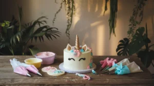 Baking tools and pastel-colored ingredients for making a unicorn cake.