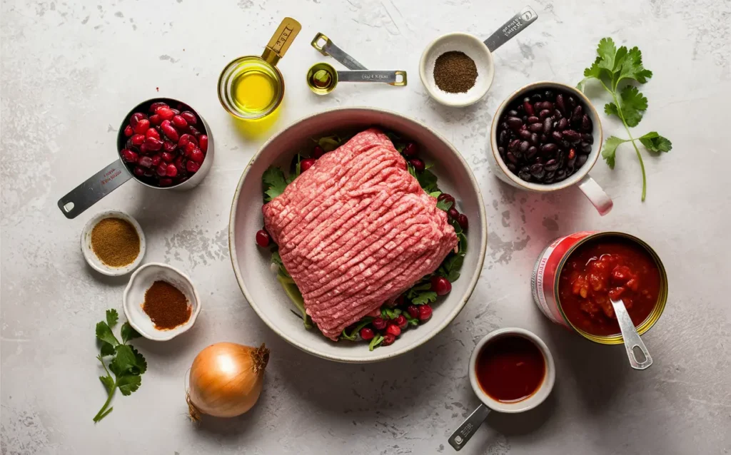  Ingredients for Turkey Cranberry Chili neatly arranged on a countertop, including turkey, cranberries, beans, salsa, and spices.