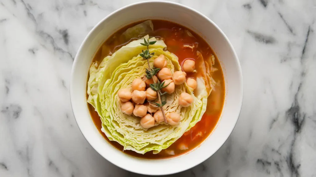 A bowl of vegan cabbage soup with fresh green cabbage leaves, chickpeas, and a light tomato-based broth, garnished with thyme.

