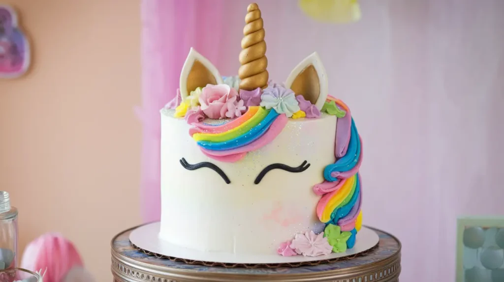 A colorful unicorn cake with a rainbow buttercream mane and golden fondant horn.