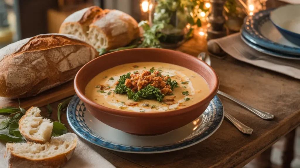 A rustic bowl of Zuppa Toscana soup with kale and sausage on a wooden table.