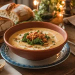 A rustic bowl of Zuppa Toscana soup with kale and sausage on a wooden table.