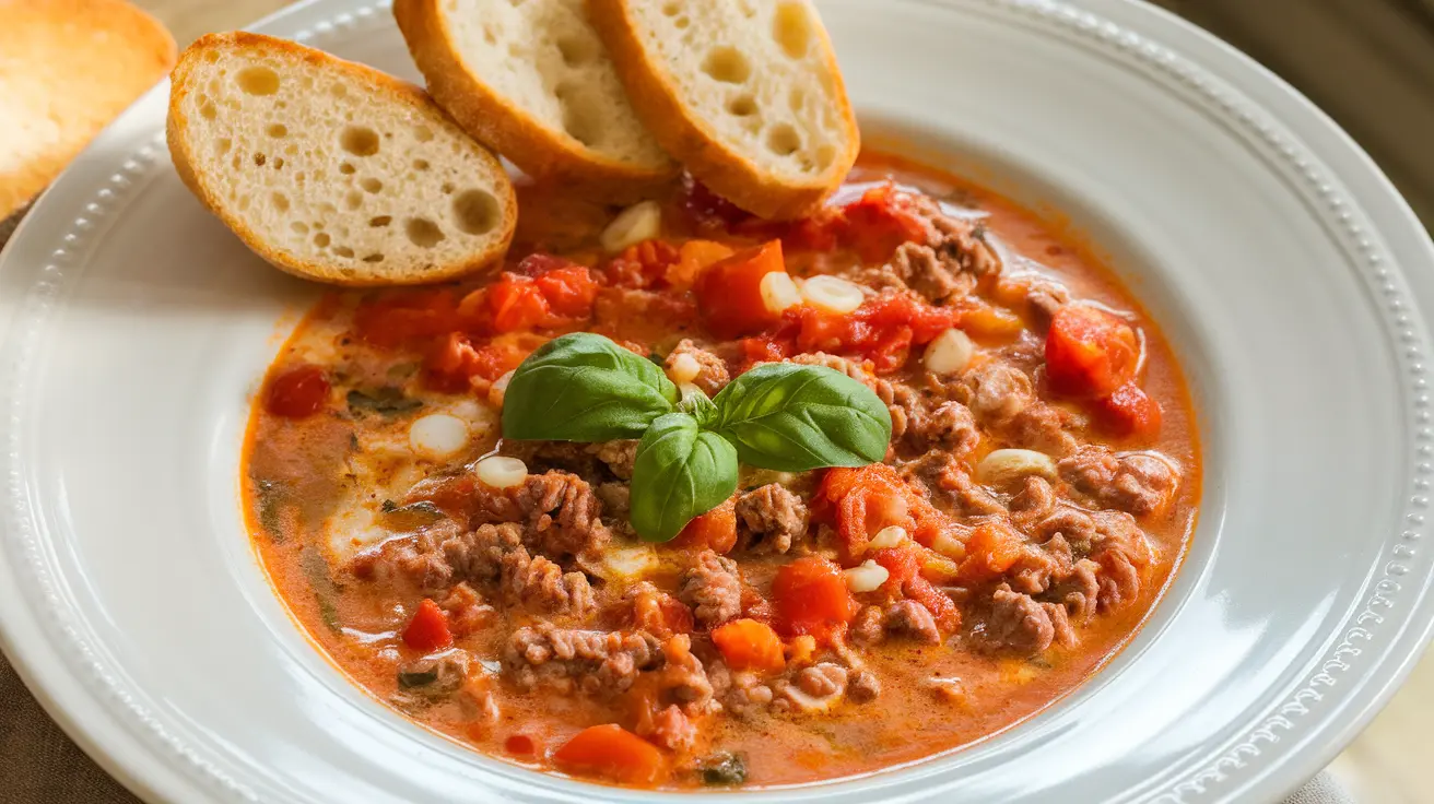 Zuppa Toscana soup served in a creamy plating with natural lighting, highlighting its rich and savory texture."