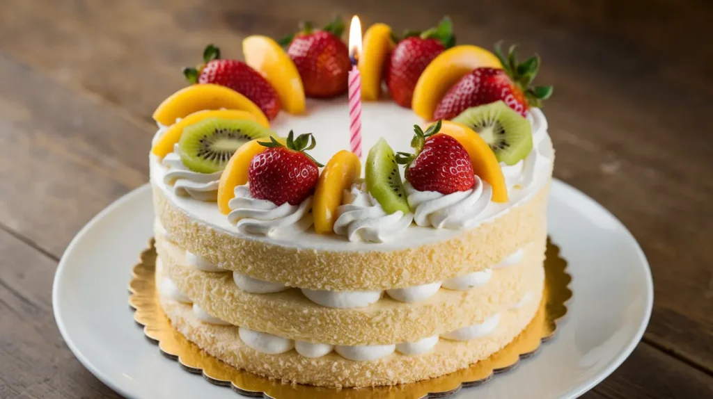 A fresh fruit birthday cake with whipped cream and vibrant fruit toppings.