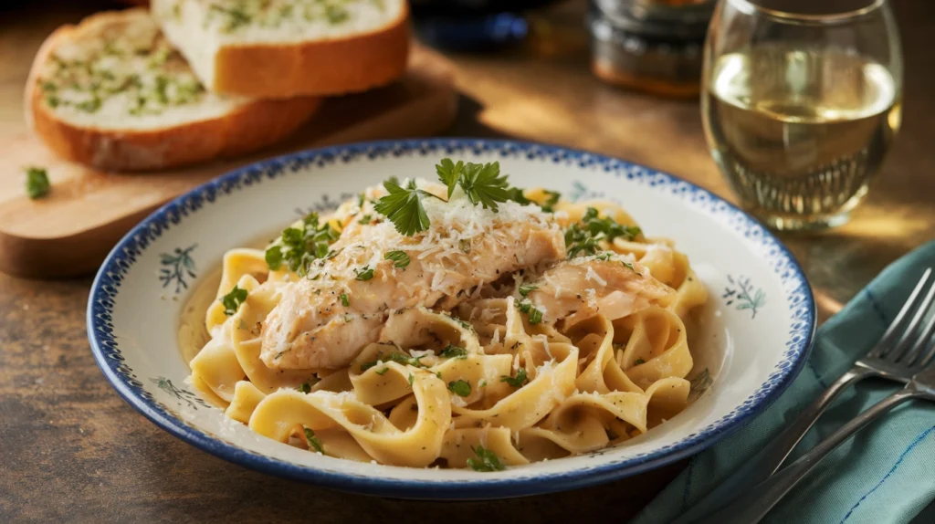 A plate of garlic parmesan chicken pasta, styled with garlic bread and a glass of white wine, showcasing the dish’s creamy and elegant presentation.