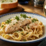 A plate of garlic parmesan chicken pasta, styled with garlic bread and a glass of white wine, showcasing the dish’s creamy and elegant presentation.