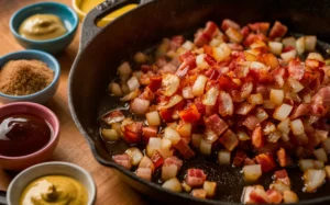 Diced bacon and onions cooking in a skillet, surrounded by ingredients for baked beans