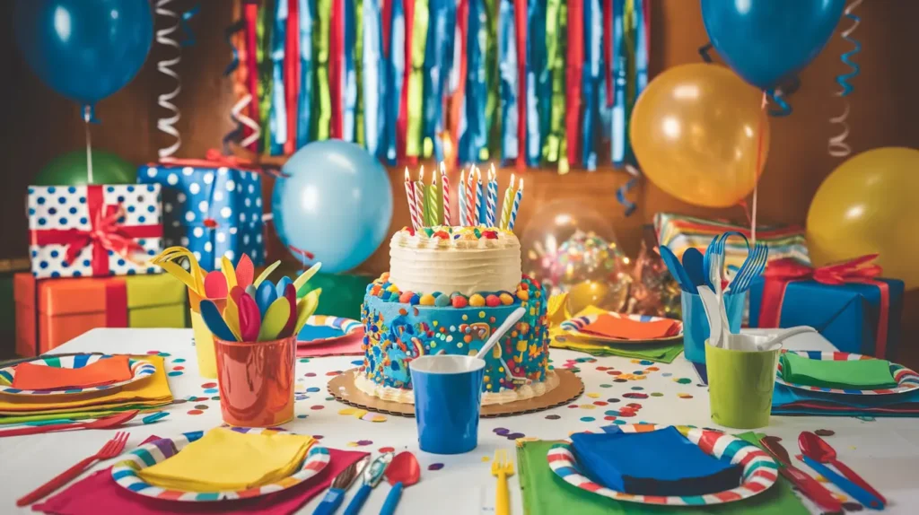 A birthday celebration setup featuring a decorated cake, balloons, and party decorations