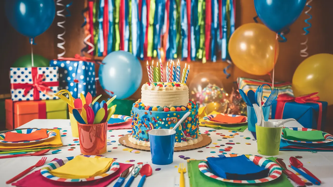 A birthday celebration setup featuring a decorated cake, balloons, and party decorations