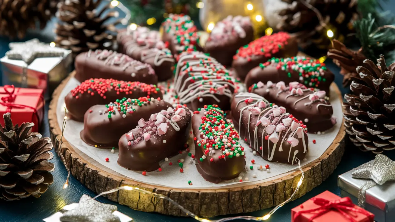 Chocolate covered potato chips decorated with festive sprinkles on a wooden board with holiday decor.