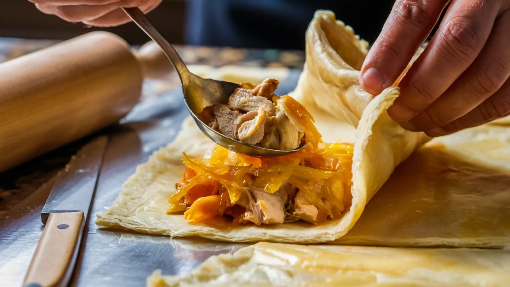  Assembling chicken and cheese jalousie on puff pastry.