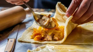 Assembling chicken and cheese jalousie on puff pastry.